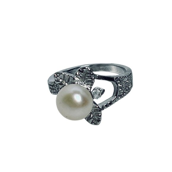 Faux Pearl & Clear Rhinestone Silver Tone Flower Statement Ring Sz 6 (R422) - Picture 5 of 7